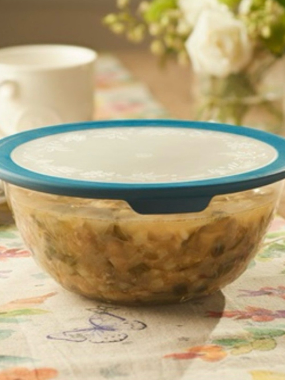 Princess House Clear Glass Food Storage Bowl with Blue Lid